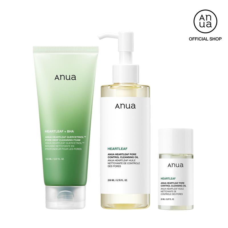 Anua Official Heartleaf Pore Control Cleansing Oil & Quercetinol Cleansing Foam - 100M Viral Double Cleanser Duo for Clear Hydrated Skin Exfoliate Blackheads