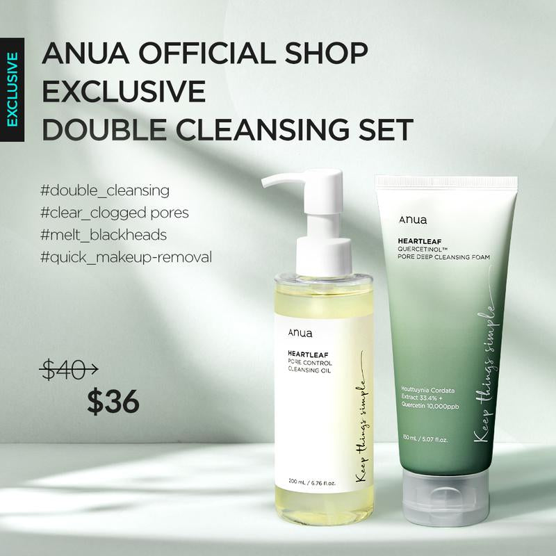 Anua Official Heartleaf Pore Control Cleansing Oil & Quercetinol Cleansing Foam - 100M Viral Double Cleanser Duo for Clear Hydrated Skin Exfoliate Blackheads