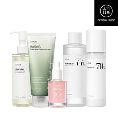 [Anua Official Shop] Korean Glass Skin Set (Oil Cleanser + Deep Cleansing Foam + Heartleaf Toner + Pink Serum + Calming Moisturizer)｜Niacinamide Serum, Dark Spot Care, Hyperpigmentation, Hydrating